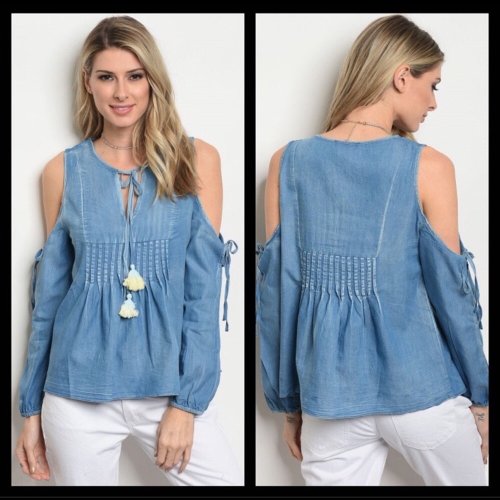 Cold Shoulder Denim Tassel Top - Picture 7 of 8